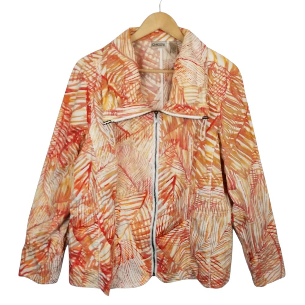 Chico's Women's Leaf Print Zip Front Jacket Orange White Size XL / 16